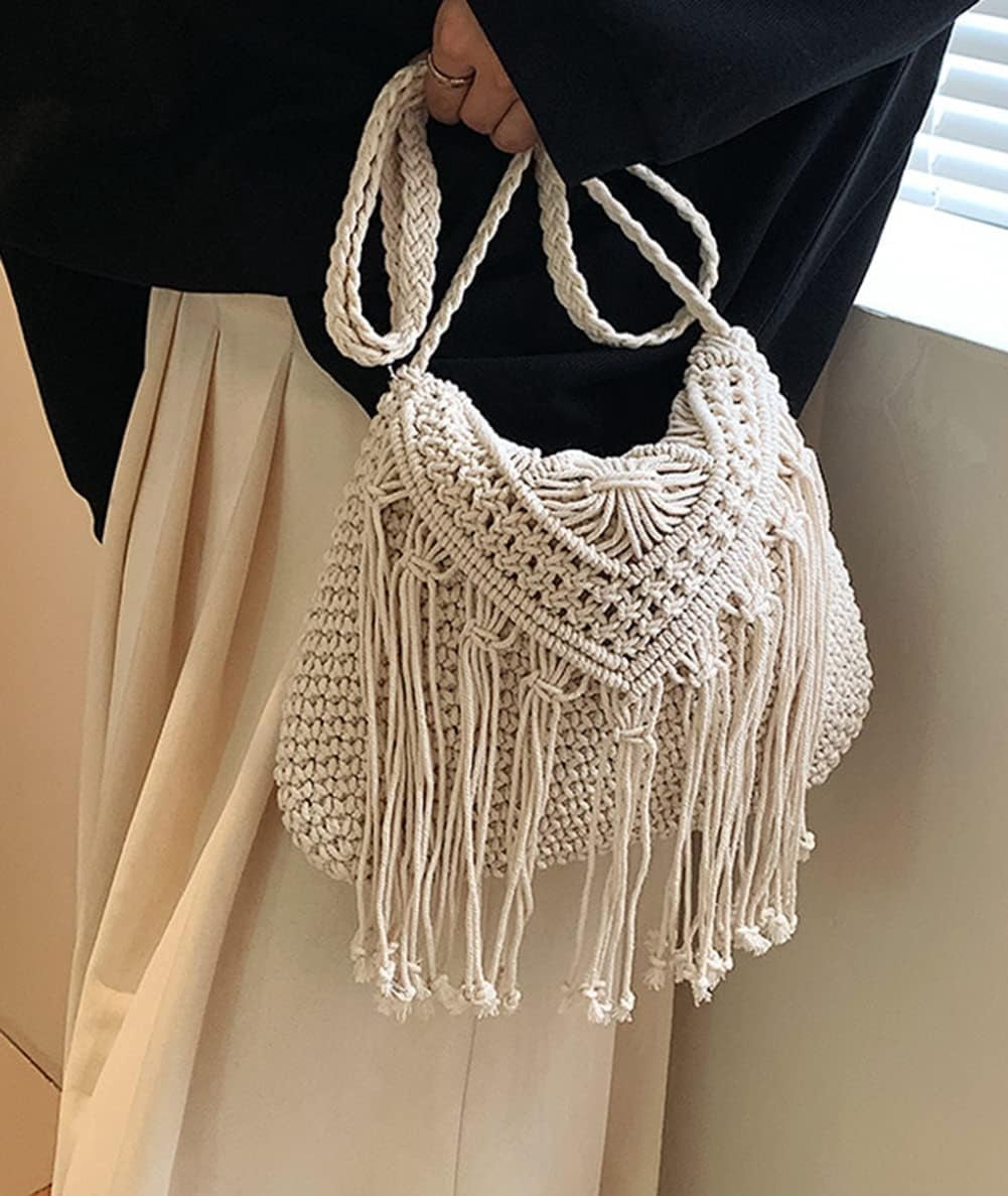 CAILDANL Crossbody Purse for Women Cute Macrame Hobo Satchel Bags Knit Summer Beach Bag Tassels Shoulder Crochet Tote Handbag