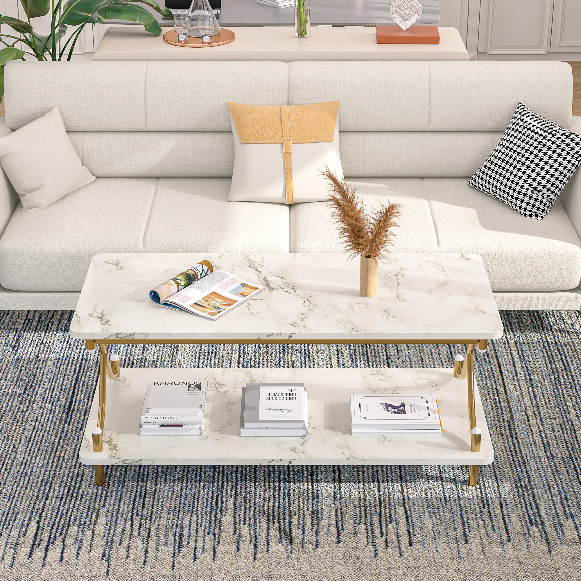 VECELO Rectangle Coffee Table with Storage Shelf, Modern X-Design Side Metal Frame for Living Room Office, White & Gold