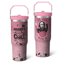 30oz Halloween Ghostface Stainless Steel Tumbler with Lid and Straw,Horror Spooky Spill Proof Travel Cup Double Wall Vacuum Insulated Coffee Mug with Top Handle Pink