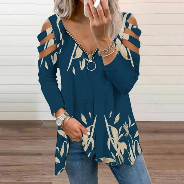 ICHUANYI Liquidación Camiseta holgada estampada a la moda para mujer Blusa de manga larga con cuello en V Tops casuales ICHUANYI WER202308233259