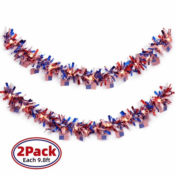 Kabuer 4th of July Tinsel Garland with Lights Battery Operated Patriotic Foil Hanging Garland Red White Blue for Independence Day Party Decoration, 2 Pack, Each 9.8Ft