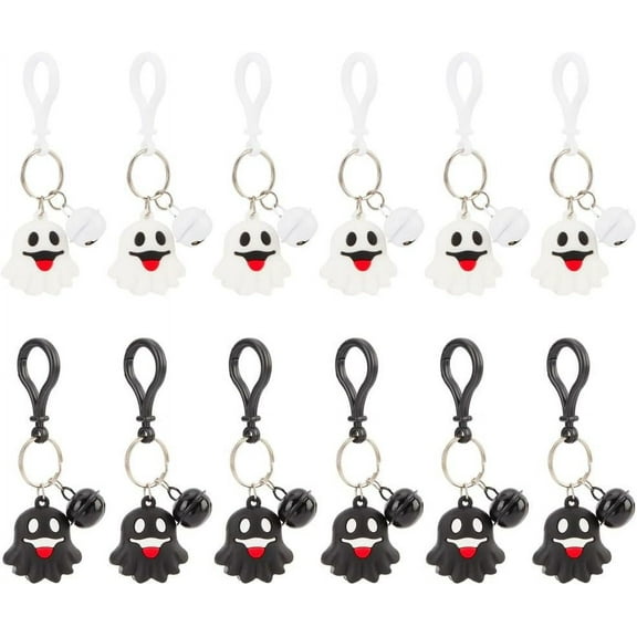 12Pcs Theme Keychain Cartoon Ghost Keyrings with Bell Charm PVC Pendants Hanging Key Chain Keyrings for Wallet Backpack Charm Decorations Pendant Party Favors Supplies Black White