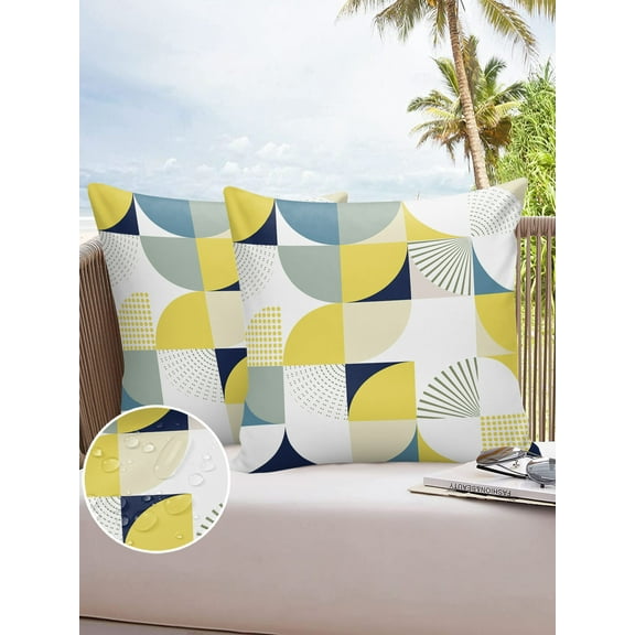 Outdoor Throw Pillow Cover Mid Century Geometric Splicing Art Waterproof Cushion Covers 2 Pack Circle Square with Stripe Dot Pillow Cases Home Decoration for Patio Garden Couch Sofa