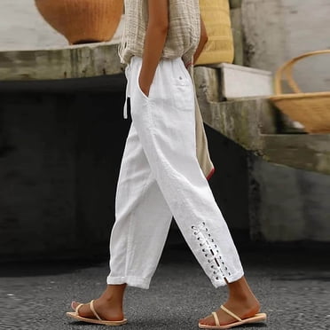 Women Fashion 2026 Casual Lightweight Drawstring Elastic Waist Pants With Pockets White M