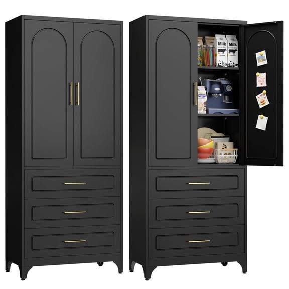 Polup Kitchen Pantry Cabinet, 75"H Black Pantry Cabinet with 3 Drawers, Food Cupboard with Doors, Metal Storage Cabinets