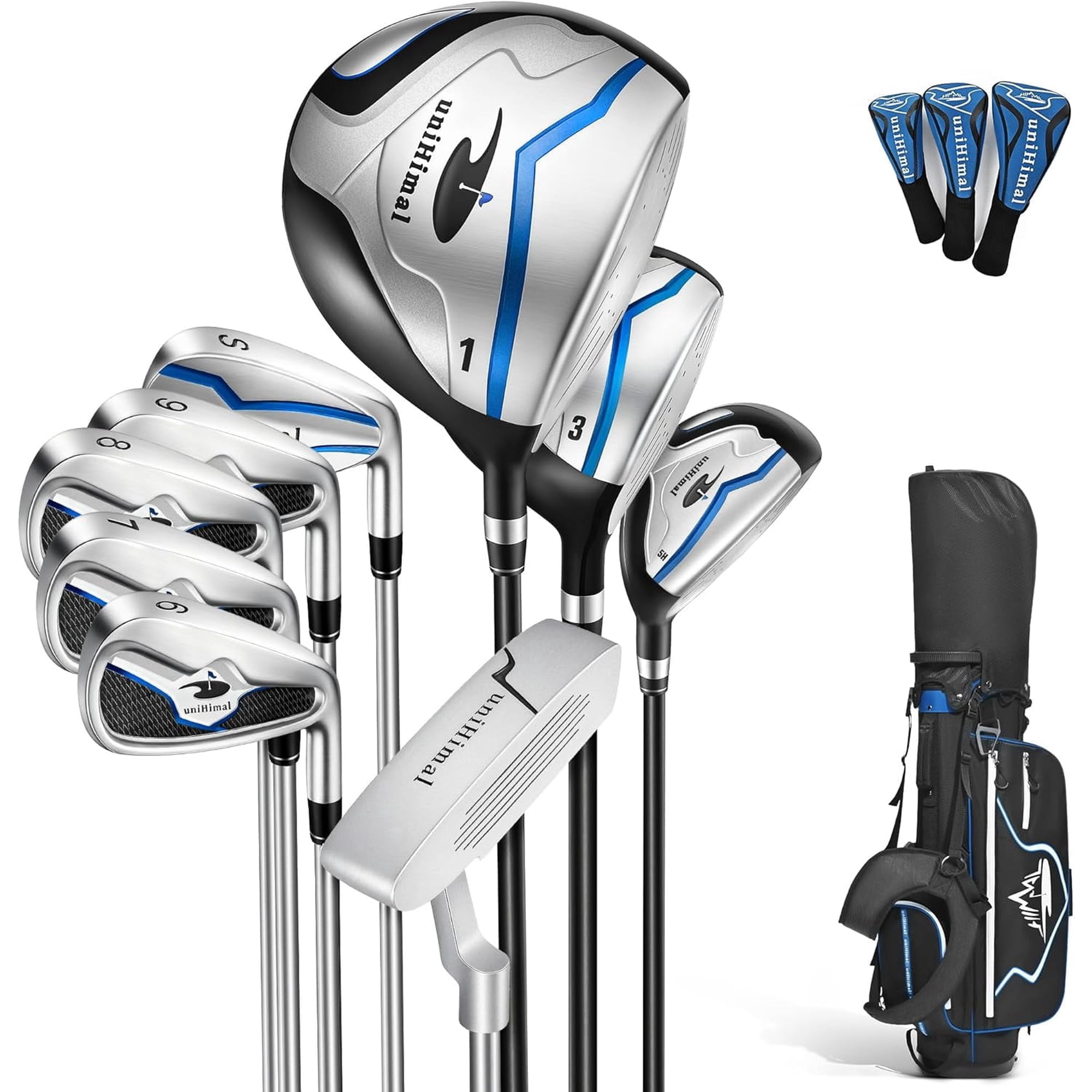 UNIHIMAL Adult Male Right-Handed 13-16 Piece Golf Club Set with Regular Flex Carbon Steel Shaft and Stand Bag
