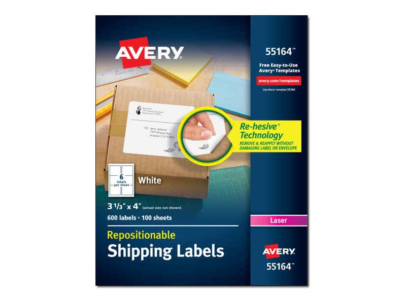 Avery - Repositionable adhesive - white - 3.3 in x 4 in 600 label(s) (100 sheet(s) x 6) shipping labels