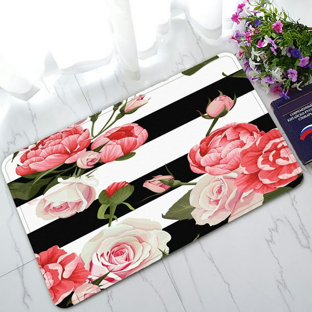 ABPHQTO Peony And Roses Black White Stripes Flower Doormat Entrance Rug  Area Rug Floor Mat Home Decor 23.5x16.7 Inch