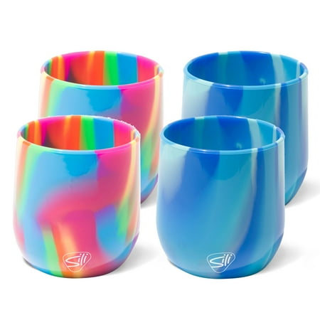 Silipint: Silicone 12oz Stemless Wine Glasses: 4 Pack - 2 Hippie Hops & 2 Arctic Sky - Flexible, Unbreakable, Hot/Cold