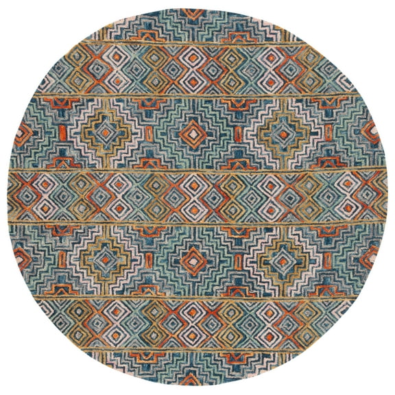 SAFAVIEH Aspen Ethelbert Geometric Striped Wool Area Rug, Blue/Gold, 7' x 7' Round