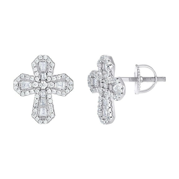 925 Sterling Silver Unisex Round Baguette Moissanite Cross Religious Stud Earrings 13.9x12mm Wide Stud Earring for Women
