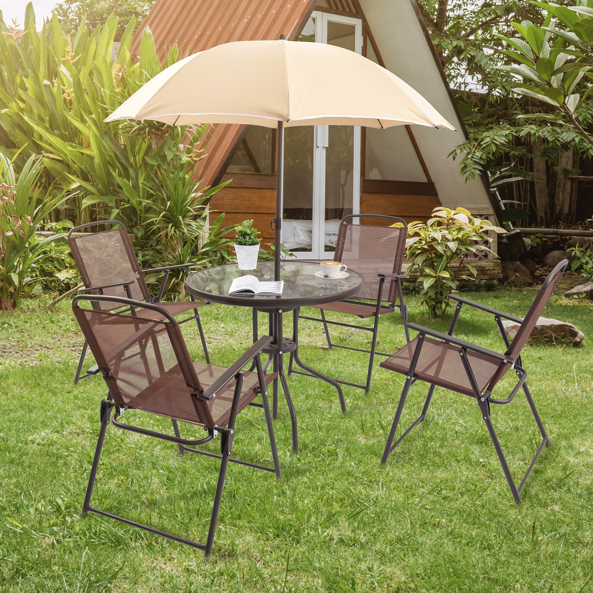 Grezone 6 Piece Patio Garden Table Set Umbrella Table Set of 4