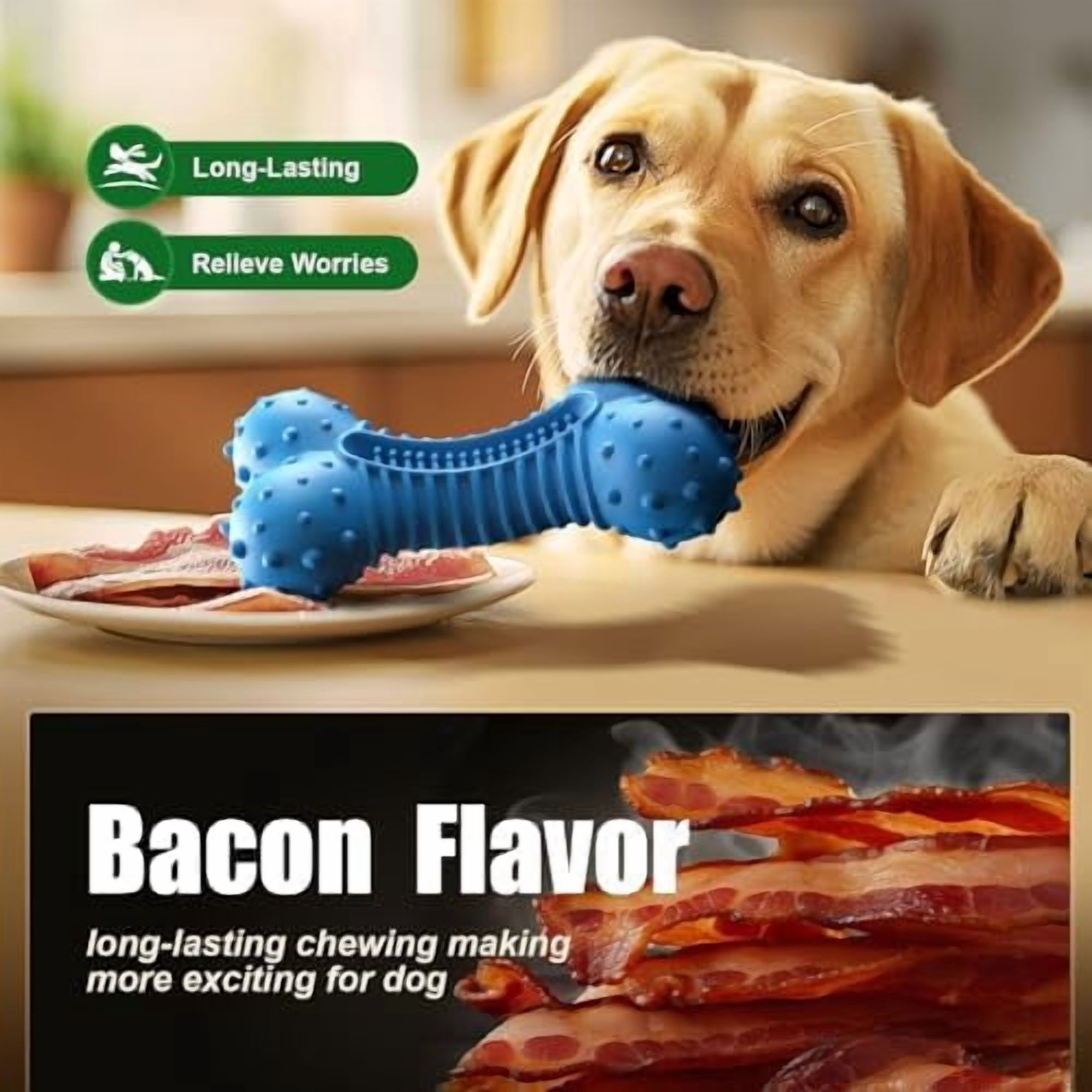 Dog Toys for Aggressive Chewers, Chew Toys for Medium Large Dogs, Durable Natural Rubber Toys with Bacon Flavor, Indestructible Dog Toy,Blue