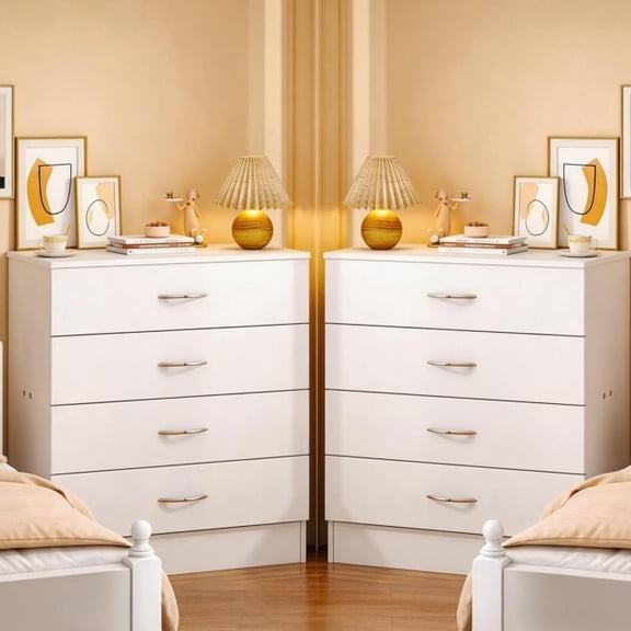 Ktaxon Set of 2 Night Stand 4 Drawers Wood End Table Bedside Table Organizer Storage Table White