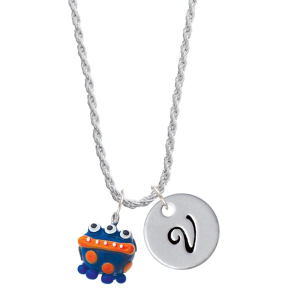 Delight Jewelry Resin Blue Alien with Orange Dots Silvertone Script Initial Disc - V - Charm Necklace, 20"+3"