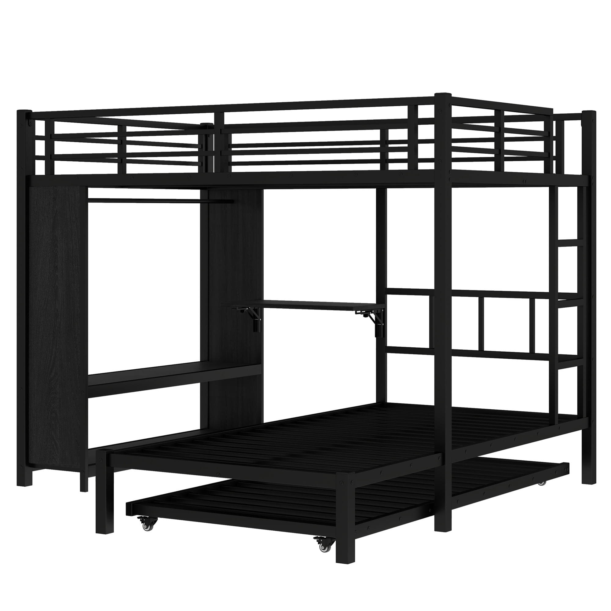 Full over Twin Bunk Bed with Built-in Wardrobe, Metal Bunk Bed with Trundle, Foldable Desk, Ladders, Black
