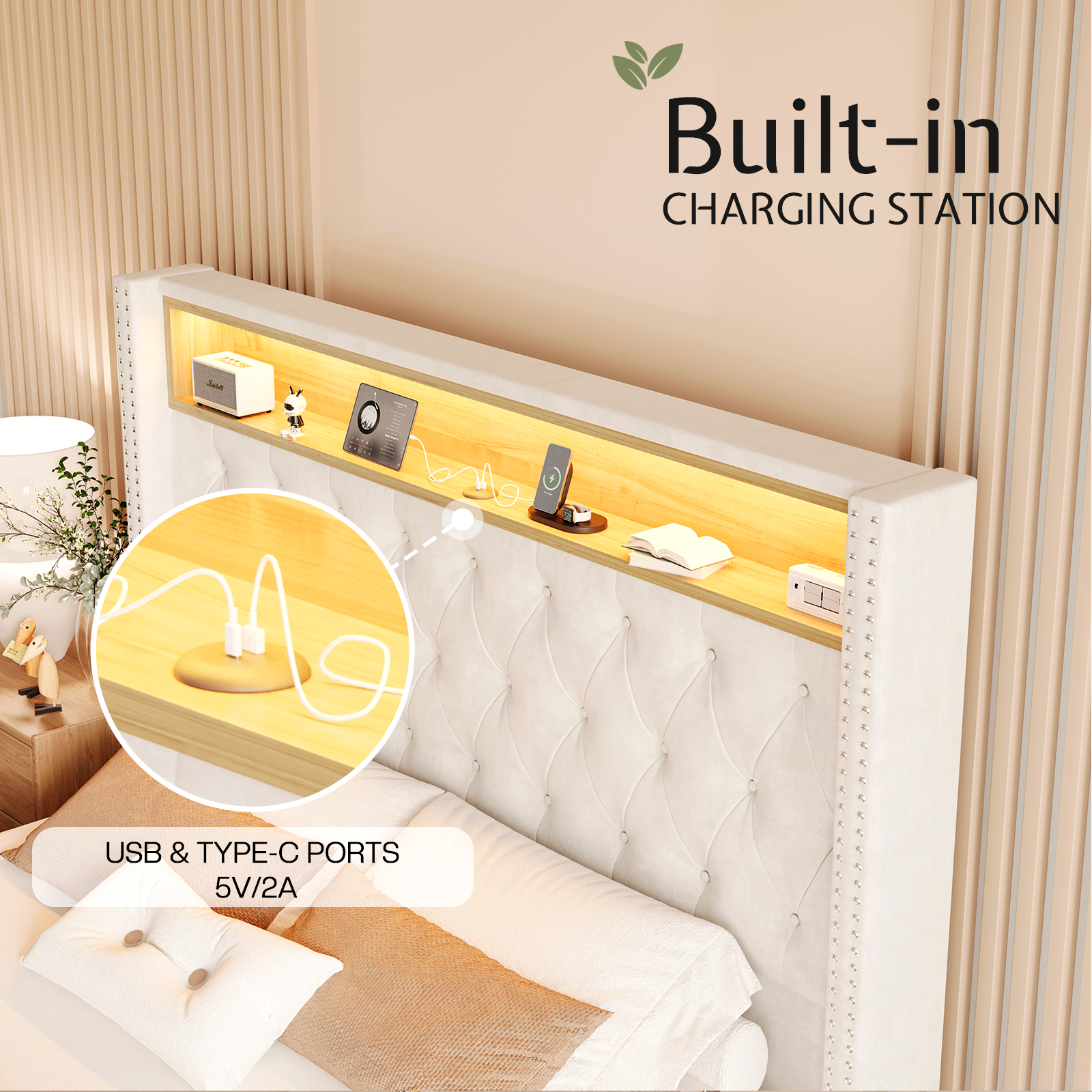 LUXOAK LED Queen Bed Frame,Charging Station and Storage Upholstered Headboard/Velvet/Cream