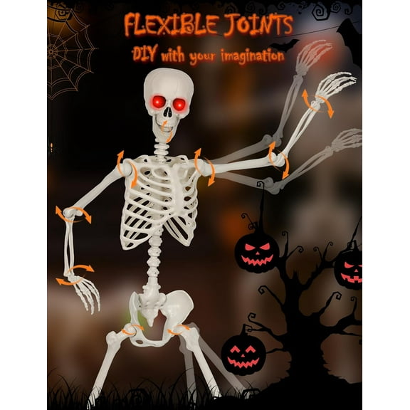 Halloween decorations 5.4Ft Halloween Skeleton - Life Size Skeleton with Glowing Eyes Scary Creepy Sound Movable Joints Full Size Posable Skeleton Decor Halloween Decorations Outdoor Indoor