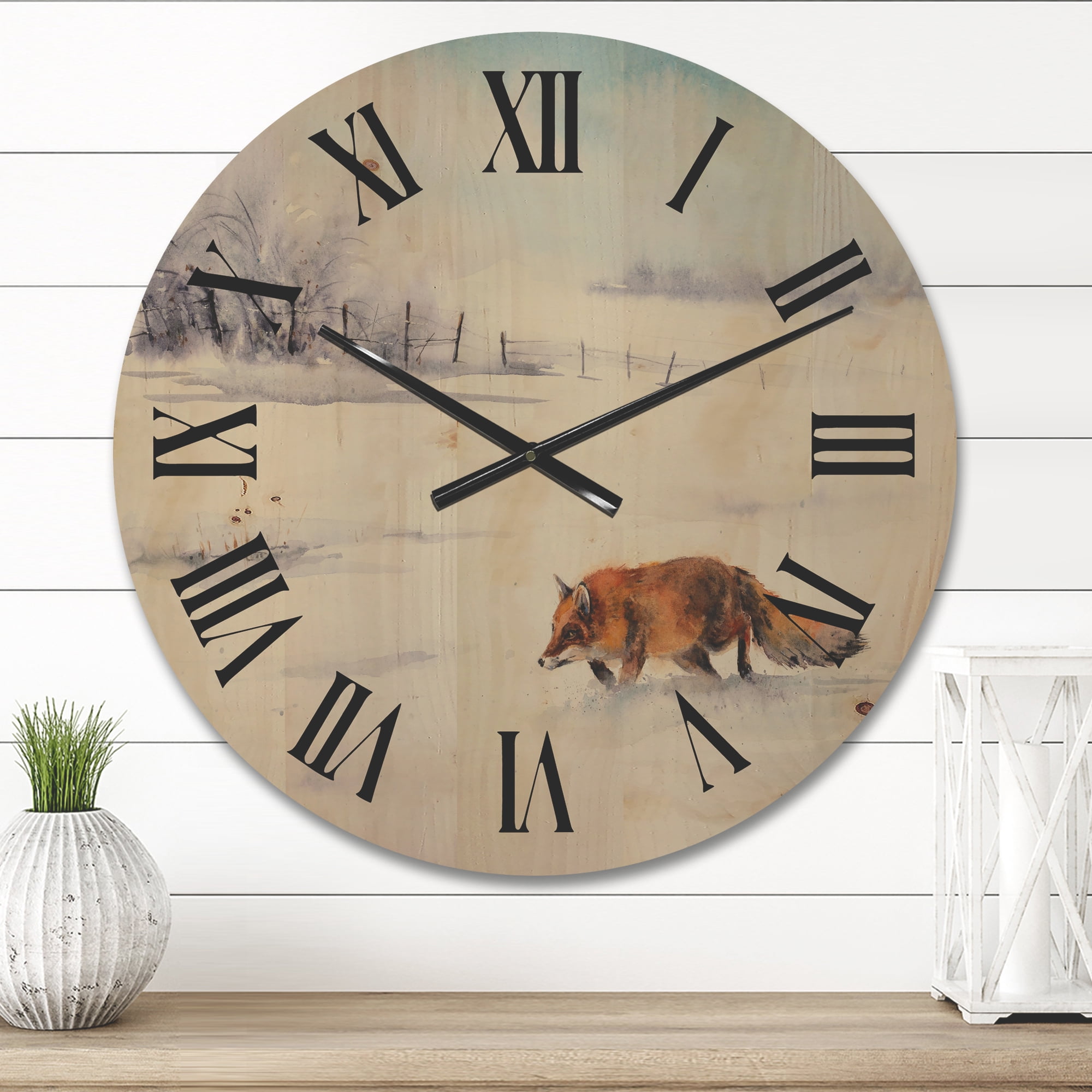 Designart 'Red Fox Running In White Snow in Countryside I' Farmhouse Wood Wall Clock