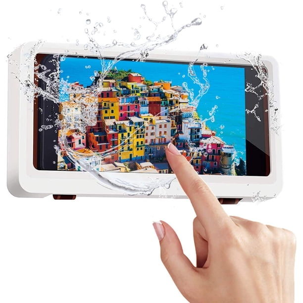 Soporte para teléfono de ducha Estuche impermeable para montaje en pared de baño, Soporte para teléfono celular con pantalla táctil antivaho Pared sin perforaciones blanco Jormftte WMZY-588-2