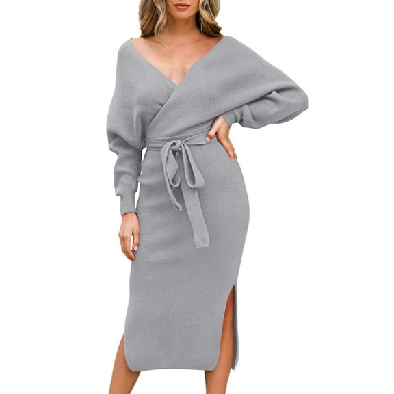 Women's Knit Sweater V Neck Wrap Knit Dresses Batwing Sleeve Sweater Dresses Short Maxi Dresses for Women Stylish Dresses for Women Maxi Dresses for Women Casual Summer Business Casual Dress Dresses