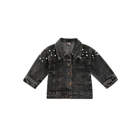 

Sunisery Toddler Baby Girl Coat Long Sleeve Pearls Trim Denim Jacket Washed Jean Jacket Fall Spring Outerwear Black 12-18 Months