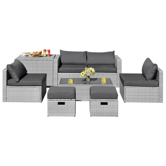 Demifill 8 Pieces Patio Rattan Furniture Set, Modular Furniture Set with Storage Waterproof Cover and Cushion, Space-Saving PE Rattan Furniture Set for Outdoor, Gray