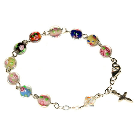 Sterling Silver Child Rosary Bracelet made with Multi-colored Floral Glass beads and Swarovski Crystal