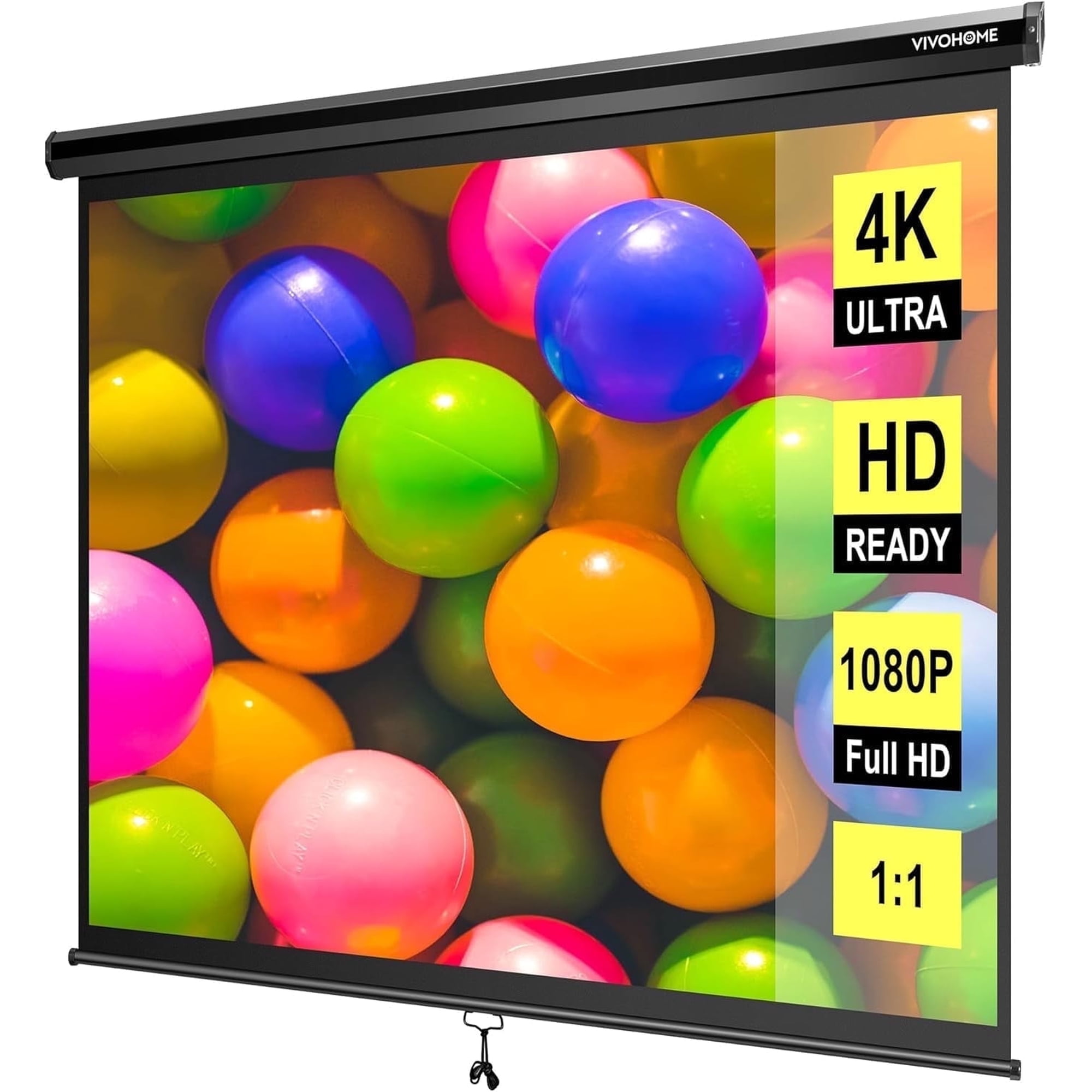 SPECSTAR 120 inch Manual Pull Down Projector Screen 1:1 HD Retractable Projector Screens for Movie Home Theater Cinema Office Video Game Black