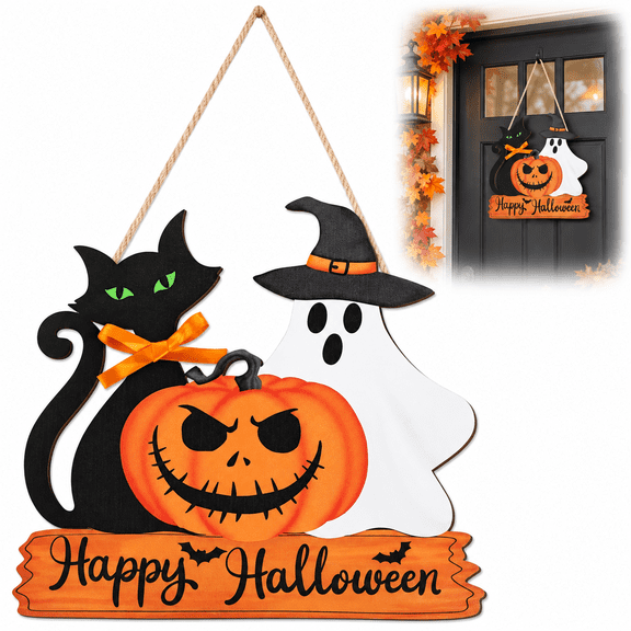 Lethargic Halloween Door Sign, Wooden Halloween Decorations for Front Door with Black Cat, Ghost, Pumpkin & Bat, Hanging Wreath for Porch Wall Decor