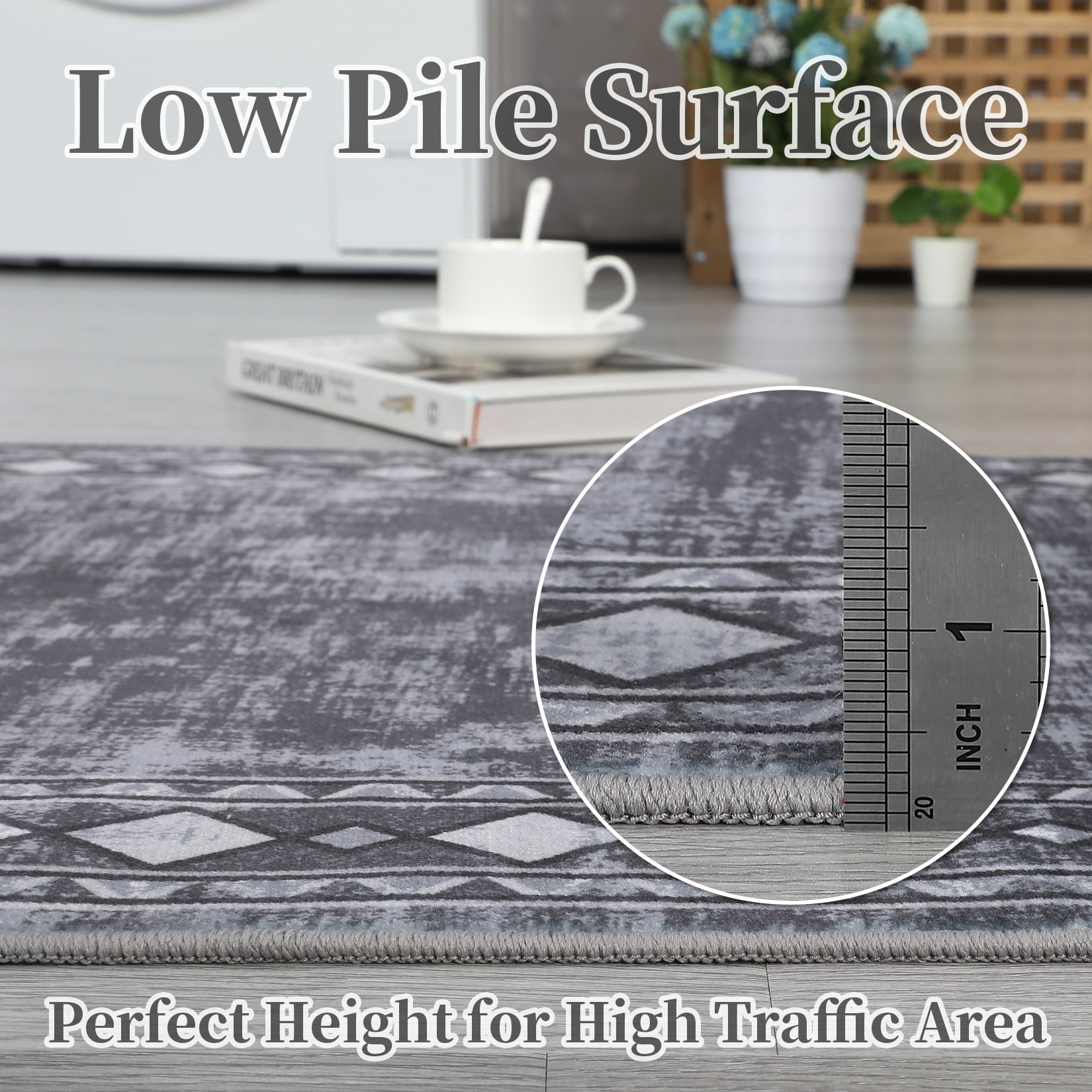 HOMERRY 10' x 13' Area Rug for Living Room Washable Bedroom Geometric Border Indoor Carpet, Gray