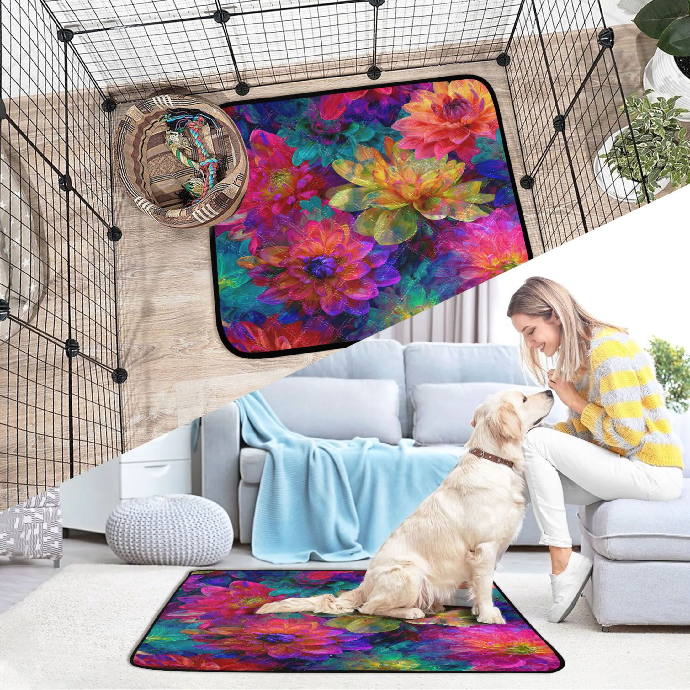 Washable Pet Pee Pads with Super Absorbent Reusable Training Pads for Dogs & Cats Colorful and Bright Floral Pattern