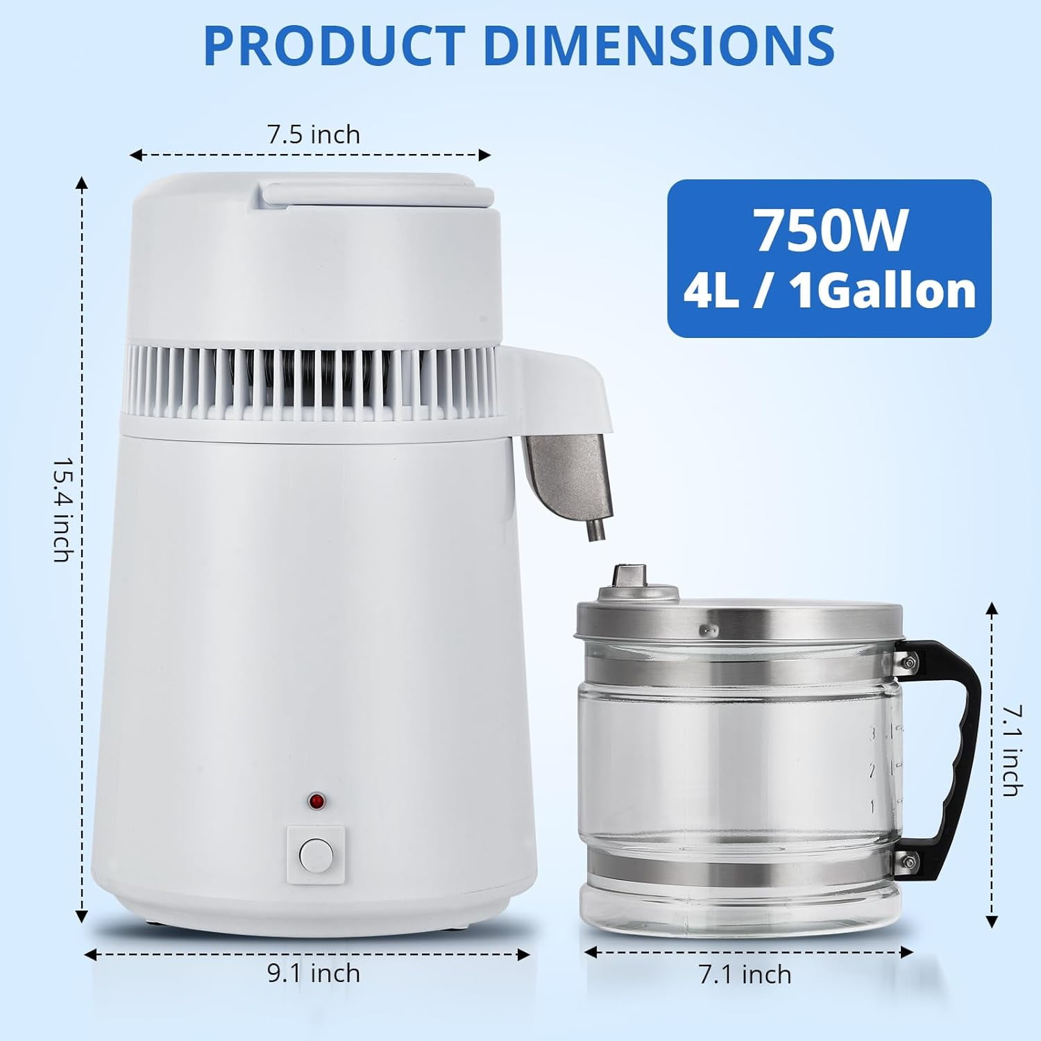 OUTGOODS Countertop Water Distiller 1Gal/4L-6L, 750W-900W, Stainless Steel, White Plastic/Glass