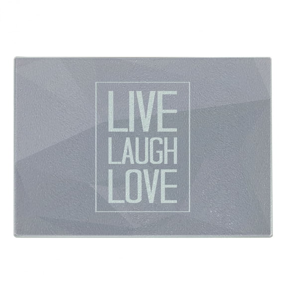 Live Laugh Love Cutting Board, Greyscale Polygonal Pattern Background with Rectangular Frame Words, Decorative Tempered Glass Cutting and Serving Board, Small Size, Pale Grey White, by Ambesonne
