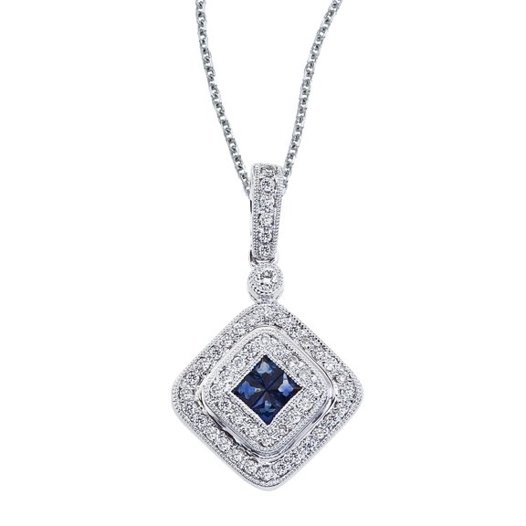 14k White Gold Oval Sapphire and Diamond Square Pendant with 18" Chain