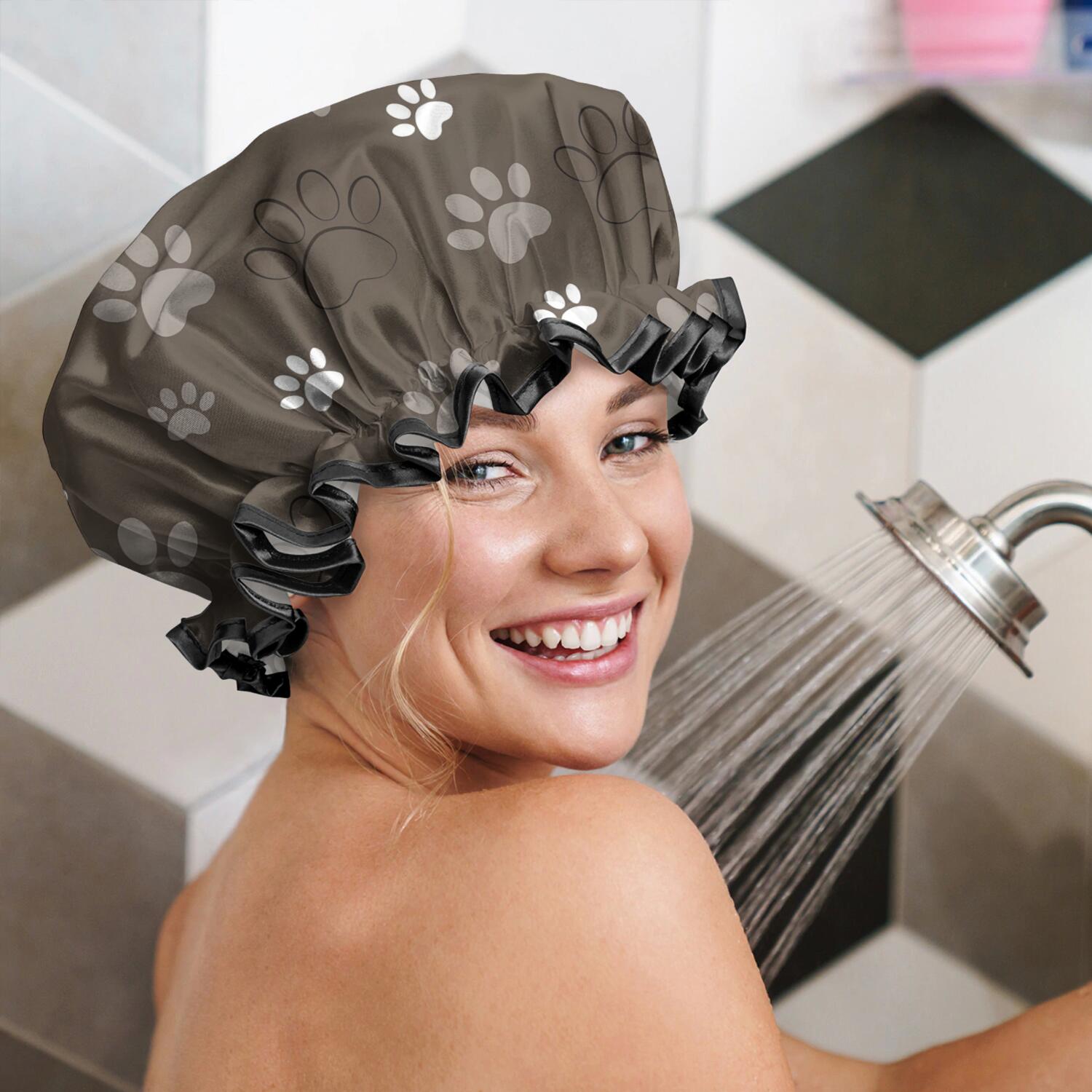 Shower Caps,Brown Dog Paw Footprint Waterproof Shower Cap for Women 4 Pieces,Double Reusable Hair Cover for Shower PEVA Elastic Stretch Hem