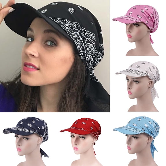 Retro Paisley Bandana Hat with Brim - 100% Cotton Turban Head Wrap for Women, UV Protection Outdoor Sun Visor Cap Black