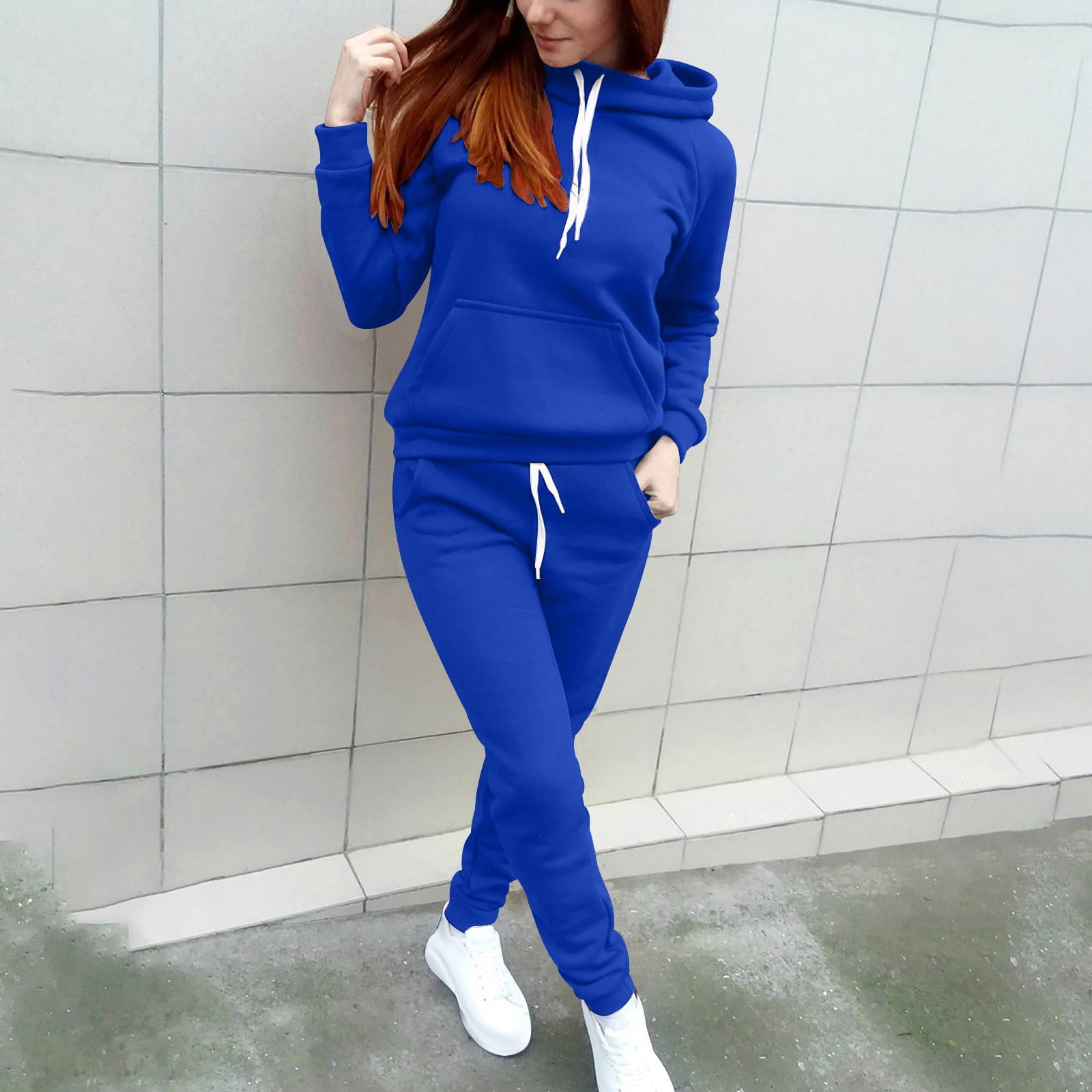 Women s Jogger Outfits Solid Color Sweat Suits Long Sleeve Hooded Sweatshirt and Sweatpants 2 Piece Lounge Tracksuit Dark Blue XXL Walmart