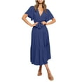 thumbnail image 4 of PiGOGI Women's Elegant Lace Up Dress V-Neck Short Sleeve Long Flowy Casual Summer Maxi Dress Dark Blue XXL, 4 of 9