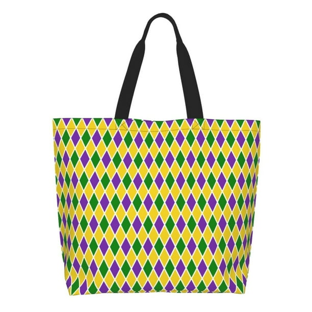 Disketp Mardi Gras Purple Yellow Plaid Bolsa Tote Estampada para Mujer, Bolso de Hombro y de Mano para Compras y Viajes