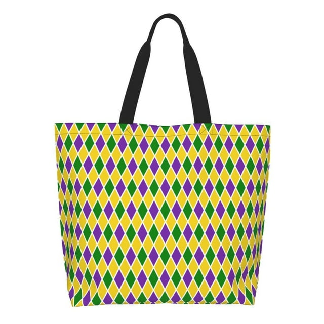Disketp Mardi Gras Purple Yellow Plaid Bolsa Tote Estampada para Mujer, Bolso de Hombro y de Mano para Compras y Viajes