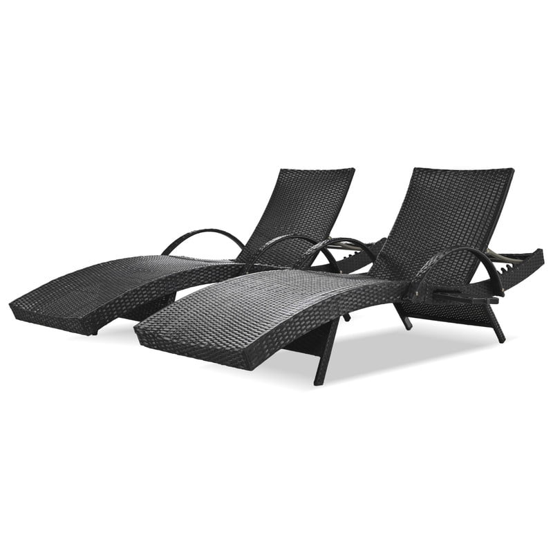 Patio Wicker Chaise Lounge Chairs Set of 2, 5-Level Adjustable Backrest Rattan Pool Recliner Chair with Pull-out Side Table, Sunbathing Recliners