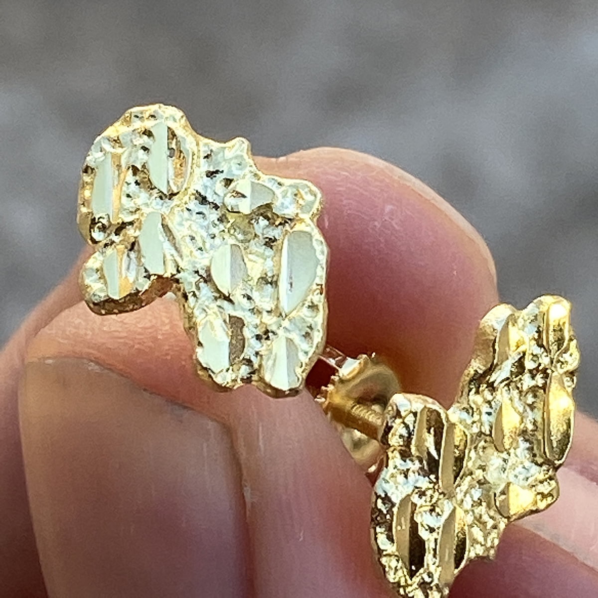 14k Gold Plated Nugget Earrings Solid 925 Sterling Silver Diamond Cut Screw Back 14MM