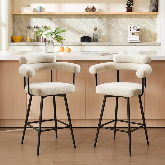 ONEVOG 26.7'' Swivel Counter Height Stools Set of 2, Modern Barrel Bar Stools with Backs & Arm Rest, Upholstered Linen Counter Chairs for Kitchen Island, Beige