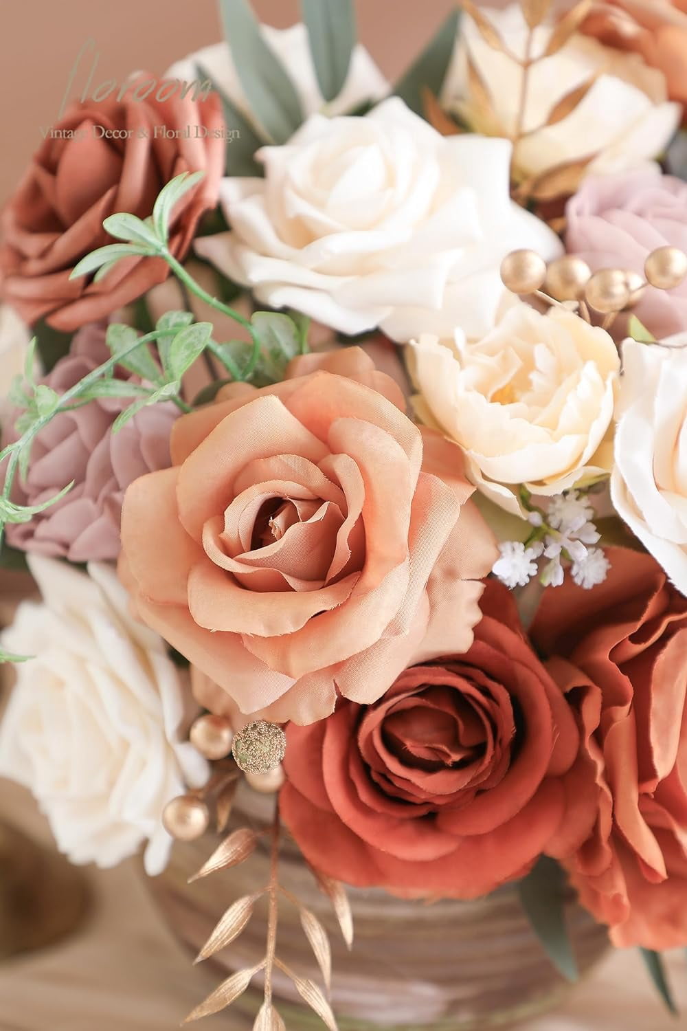 Terracotta Artificial Flowers Burnt Orange Fake Roses Peonies Dahlia Greenery Combo Box Set for DIY Wedding Bouquets Bridal Shower Centerpieces Floral Arrangements Party Tables Home Decoration
