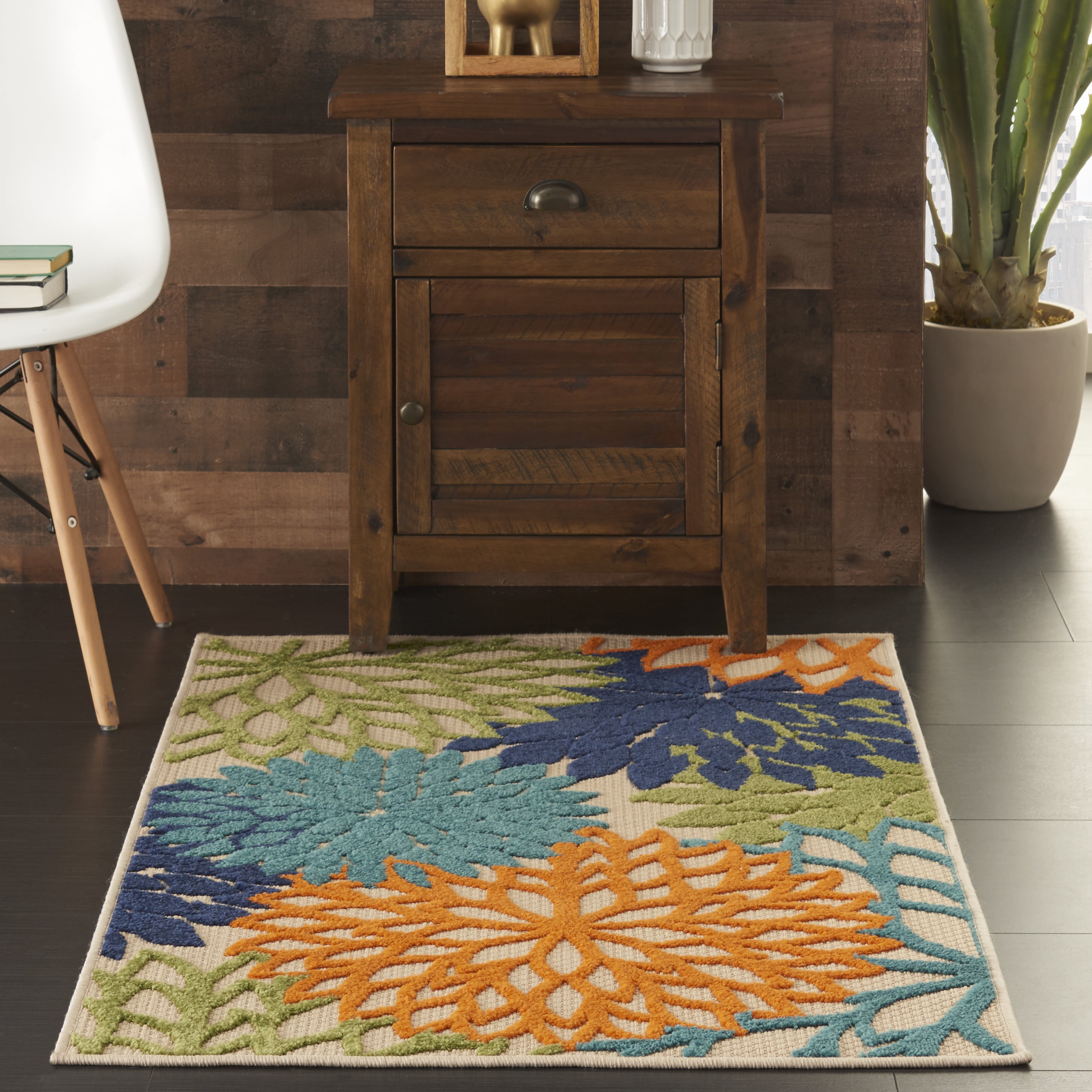 Photo 1 of 2'8"x4'1" Rectangle Indoor and Outdoor Loomed Floral Area Rug Green - Nourison