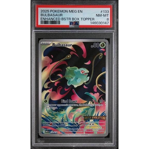 Graded 2025 Pokemon EN Mega Evolution Bulbasaur Enhanced Bstr Box Topper PSA 8 #133