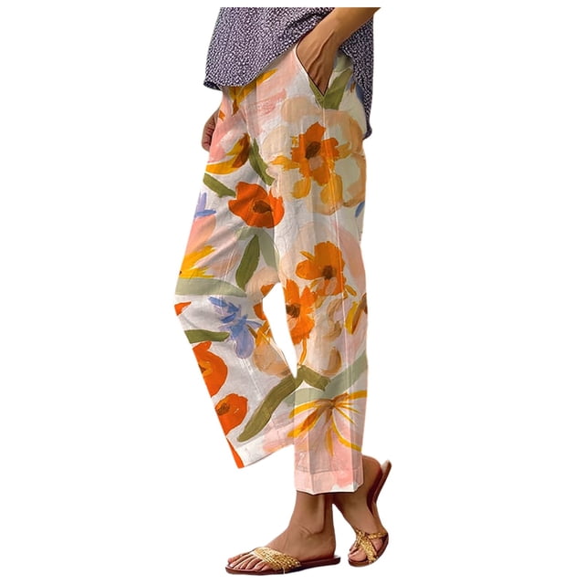 Fgnfyis Pantalon Décontracté Taille Haute à Imprimé Bohème pour Femmes avec Poches Style Crayon Pantalon pour Femmes Orange P