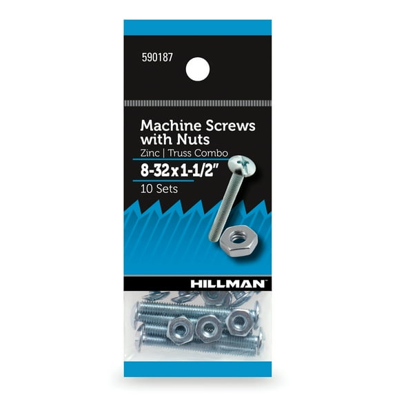 Hillman Machine Screws w/ Nuts #8 x 1-1/2", Steel, Zinc, Interior Truss Head, Silver, 10 sets
