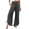 thumbnail image 2 of Linen Palazzo Pants for Women Spring Summer Smocked High Waist Wide Leg Asymmetric Ruffle Hem Flowy Beach Pants with Pockets, 2 of 6